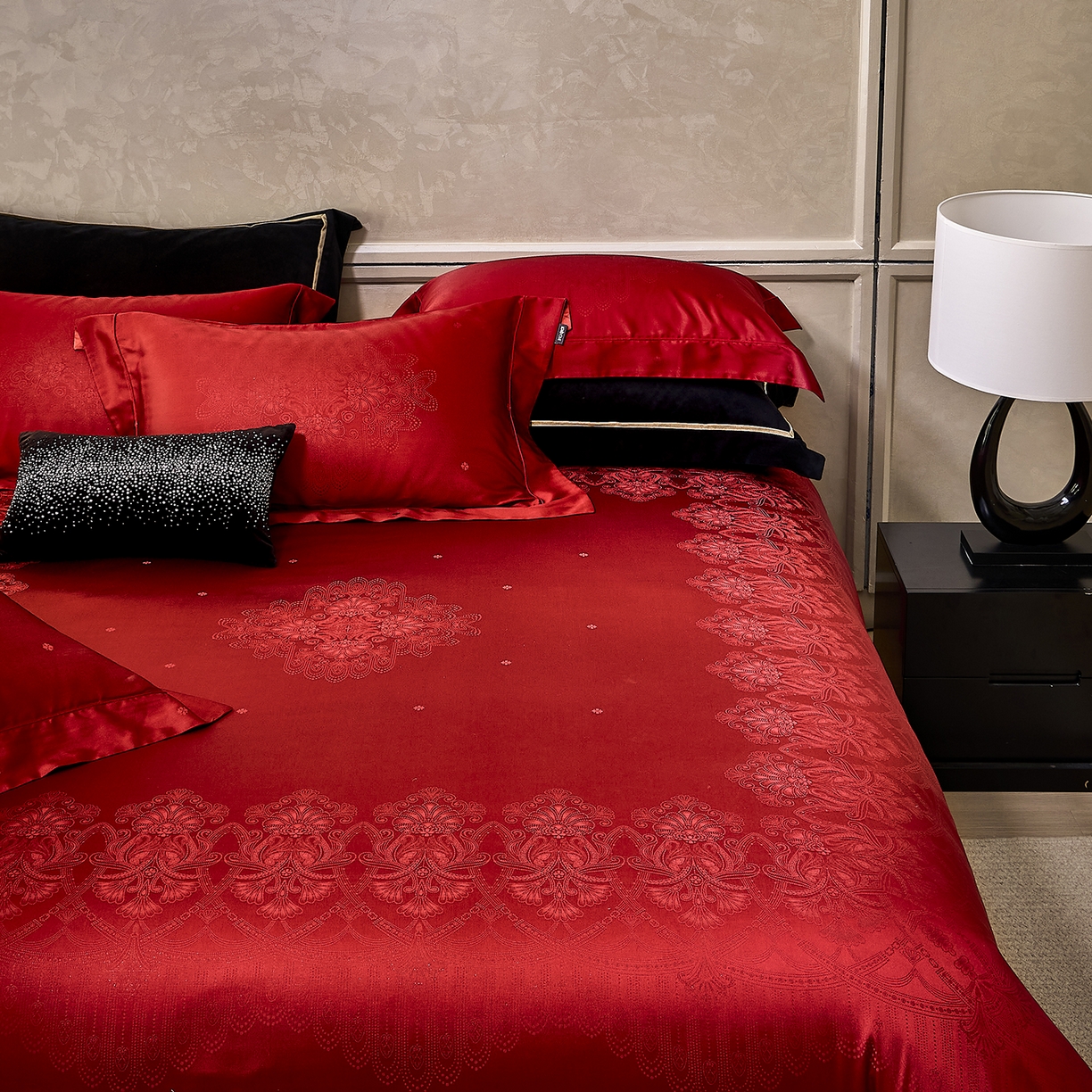 玖玖爱家纺 2025秋冬限定奢宠色织真丝缎四件套-韵合雅 韵合雅-千禧红