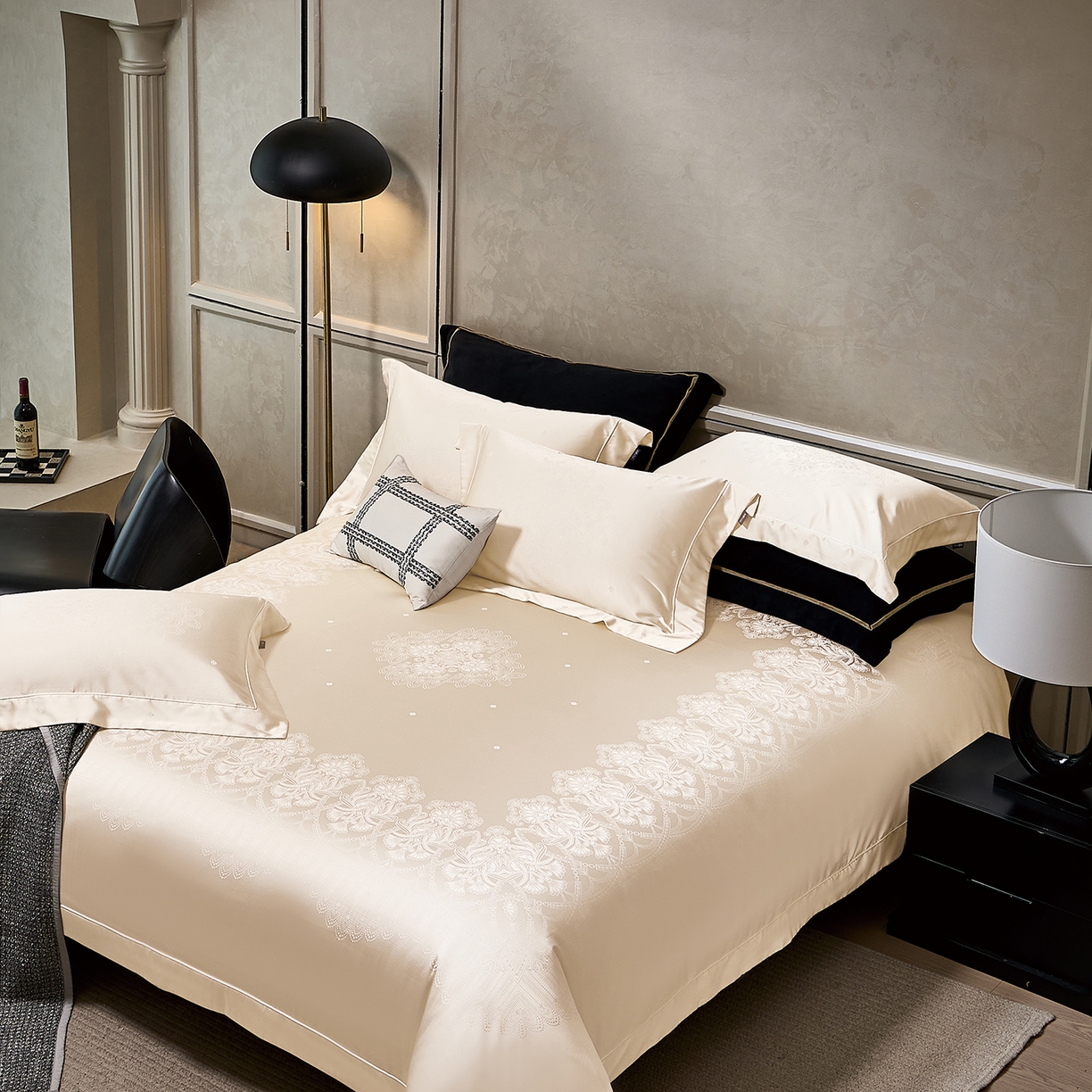 91家纺网 家纺一手货源 找家纺 玖玖爱家纺 2025秋冬限定奢宠色织真丝缎四件套-韵合雅 韵合雅-奶青白