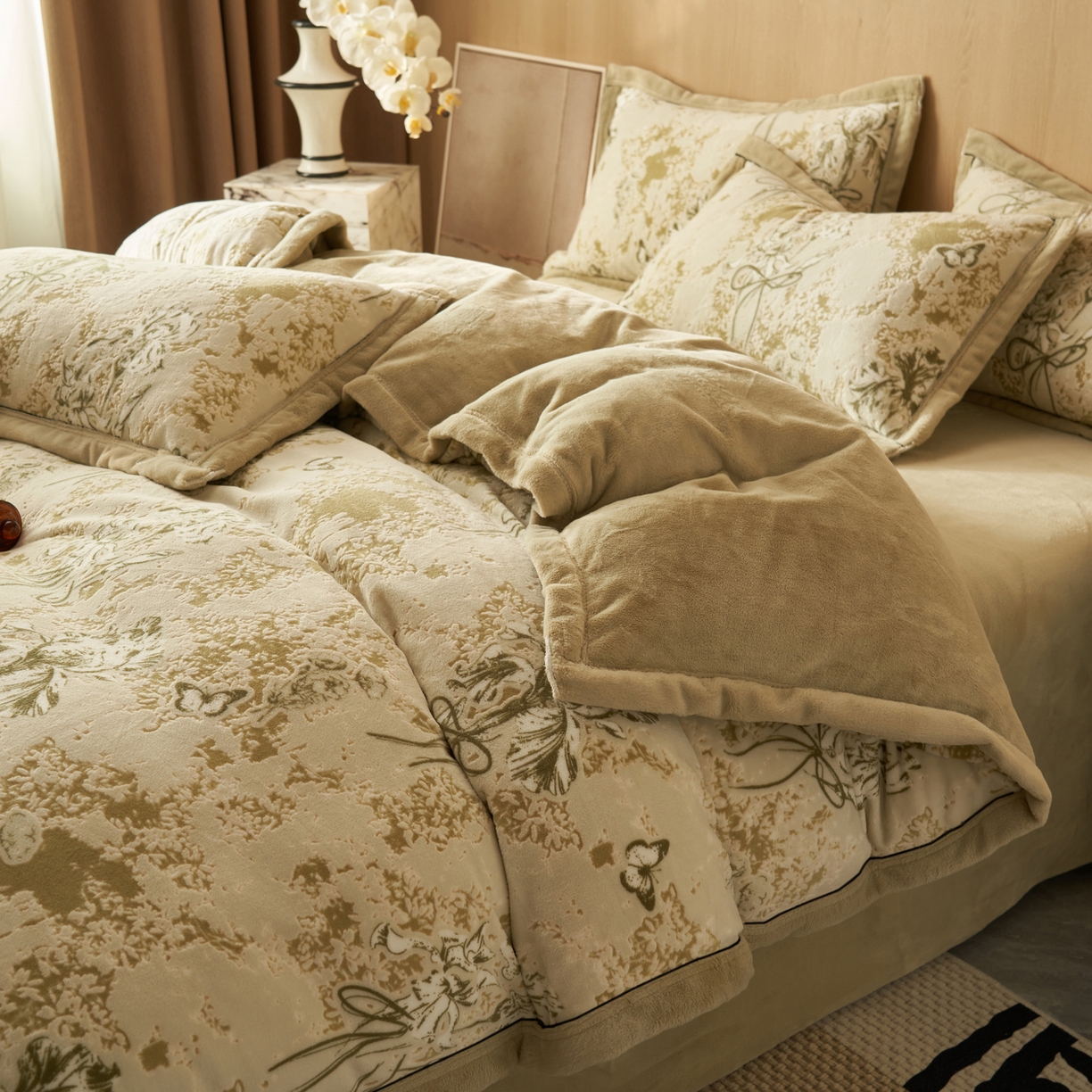 91家纺网 家纺一手货源 找家纺 晨曦家纺 2025新款牛奶绒浪花四件套雕花绒床上四件套 鎏金