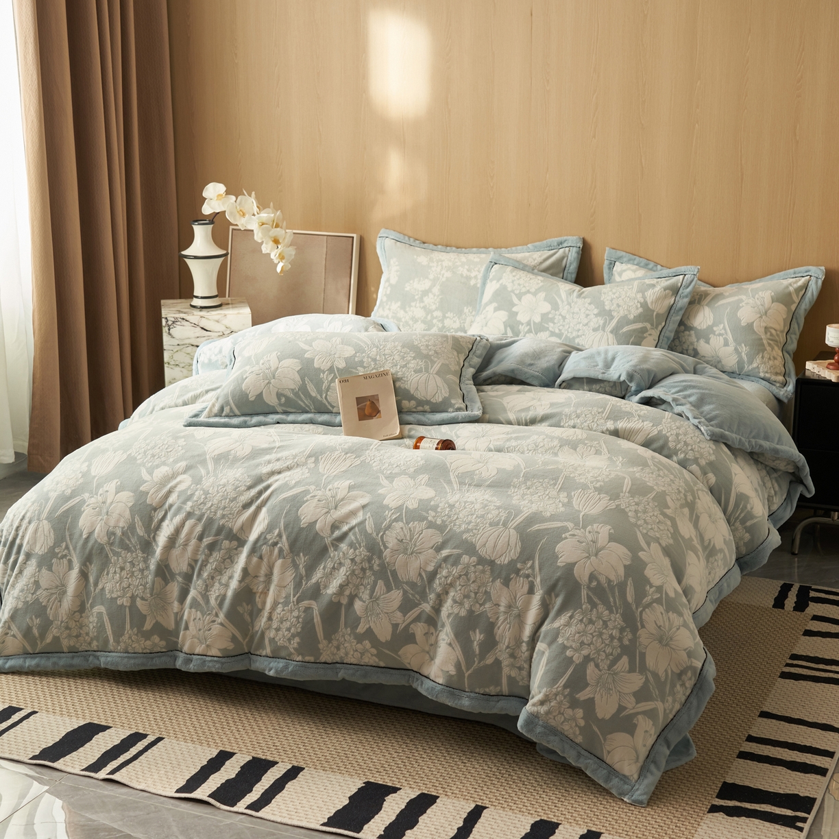 91家纺网 家纺一手货源 找家纺 晨曦家纺 2025新款牛奶绒浪花四件套雕花绒床上四件套 蓝花序