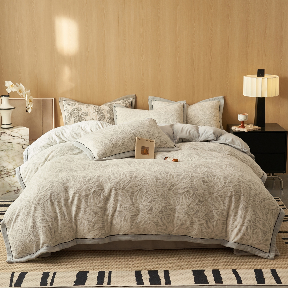 91家纺网 家纺一手货源 找家纺 晨曦家纺 2025新款牛奶绒浪花四件套雕花绒床上四件套 叶语