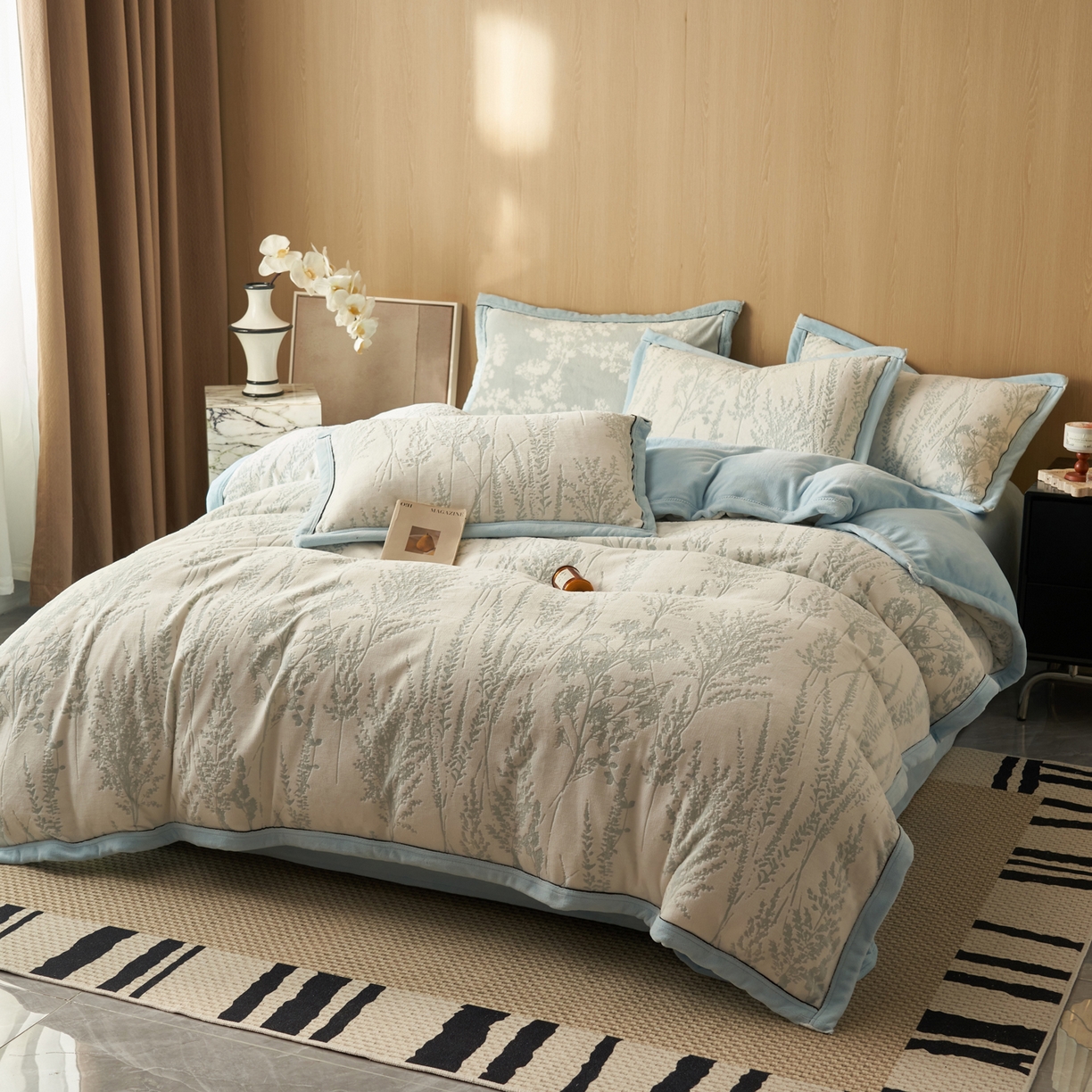 91家纺网 家纺一手货源 找家纺 晨曦家纺 2025新款牛奶绒浪花四件套雕花绒床上四件套 雅青