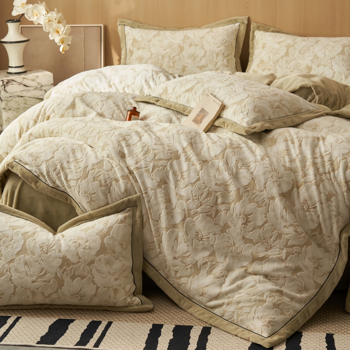 91家纺网 家纺一手货源 找家纺 晨曦家纺 2025新款牛奶绒浪花四件套雕花绒床上四件套 米漾花意