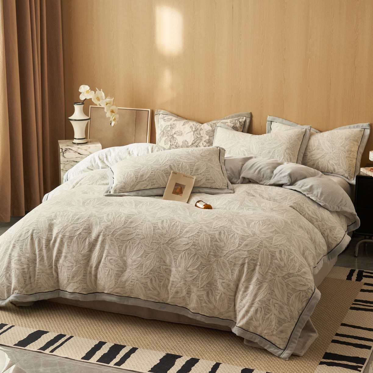 91家纺网 家纺一手货源 找家纺 晨曦家纺 2025新款牛奶绒浪花四件套雕花绒床上四件套 叶语