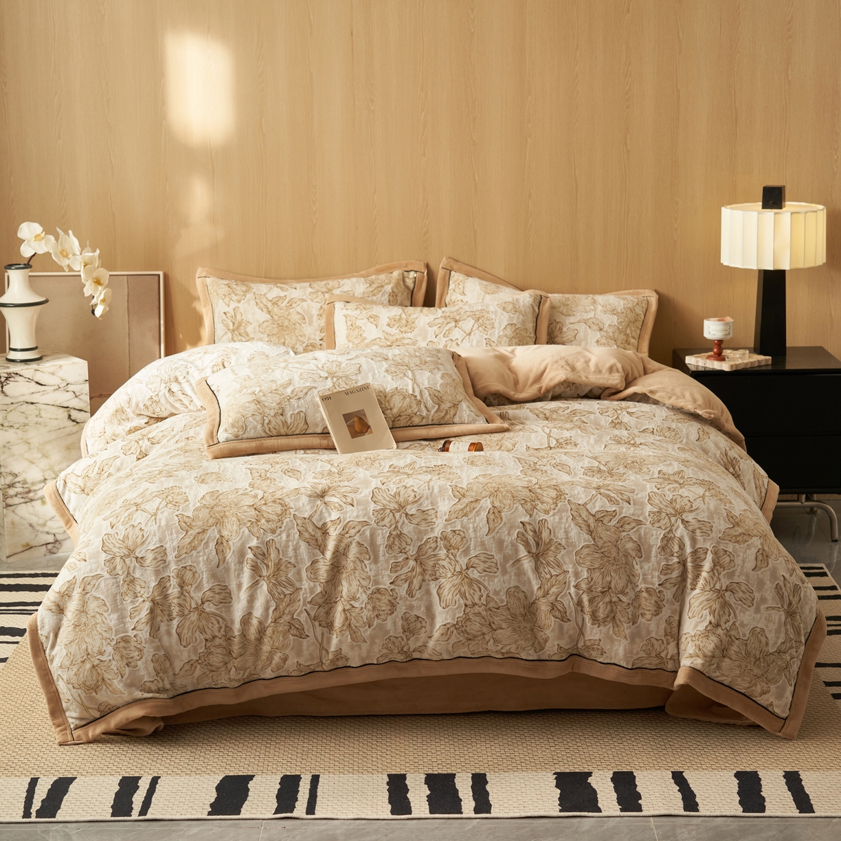 91家纺网 家纺一手货源 找家纺 晨曦家纺 2025新款牛奶绒浪花四件套雕花绒床上四件套 叶影