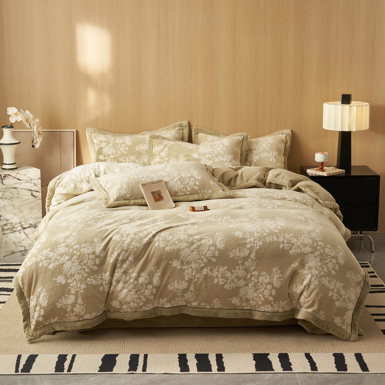 91家纺网 家纺一手货源 找家纺 晨曦家纺 2025新款牛奶绒浪花四件套雕花绒床上四件套 枝繁