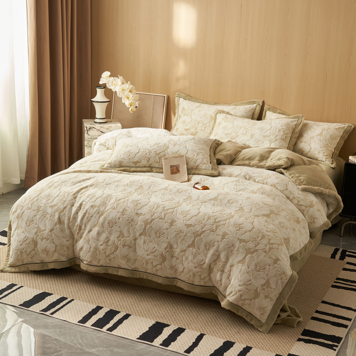 91家纺网 家纺一手货源 找家纺 晨曦家纺 2025新款牛奶绒浪花四件套雕花绒床上四件套 米漾花意