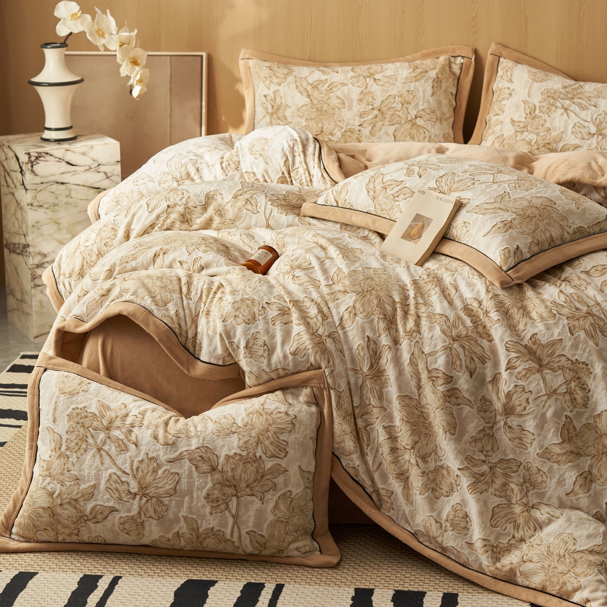 91家纺网 家纺一手货源 找家纺 晨曦家纺 2025新款牛奶绒浪花四件套雕花绒床上四件套 叶影