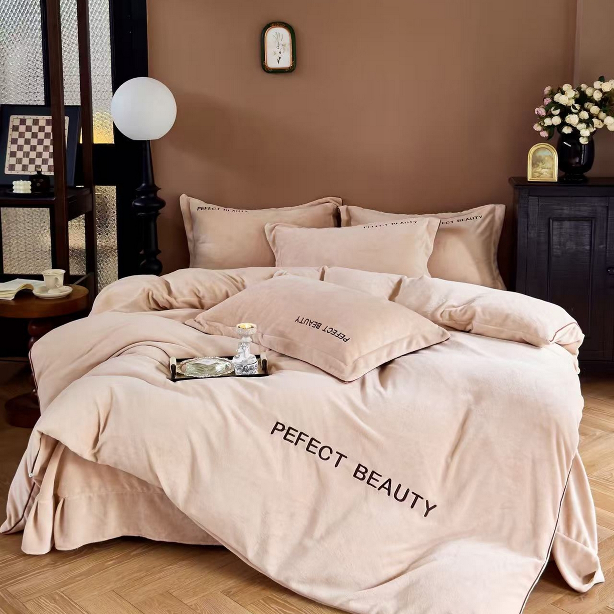 玖玖爱家纺 2025新款全工艺牛奶绒刺绣四件套-时尚美 时尚美-咖色