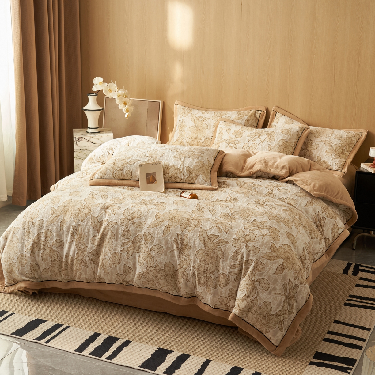 91家纺网 家纺一手货源 找家纺 晨曦家纺 2025新款牛奶绒浪花四件套雕花绒床上四件套 叶影