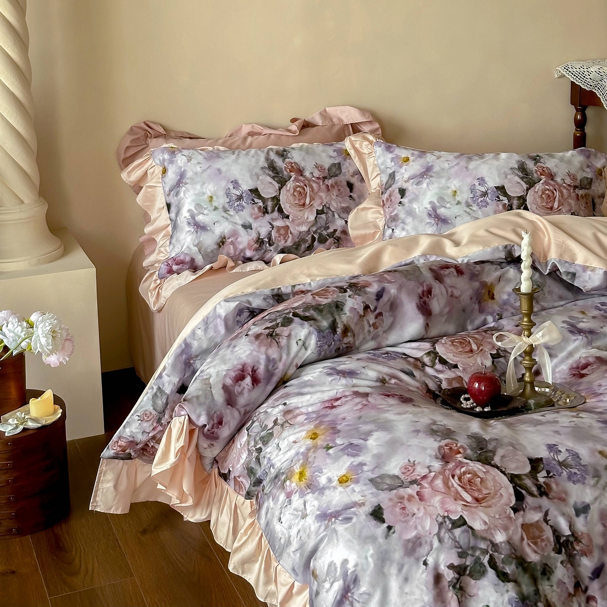 91家纺网 家纺一手货源 找家纺 窝米 2025新款数码印花100支长绒棉纯棉工艺四件套-璐菲 璐菲-雪灰