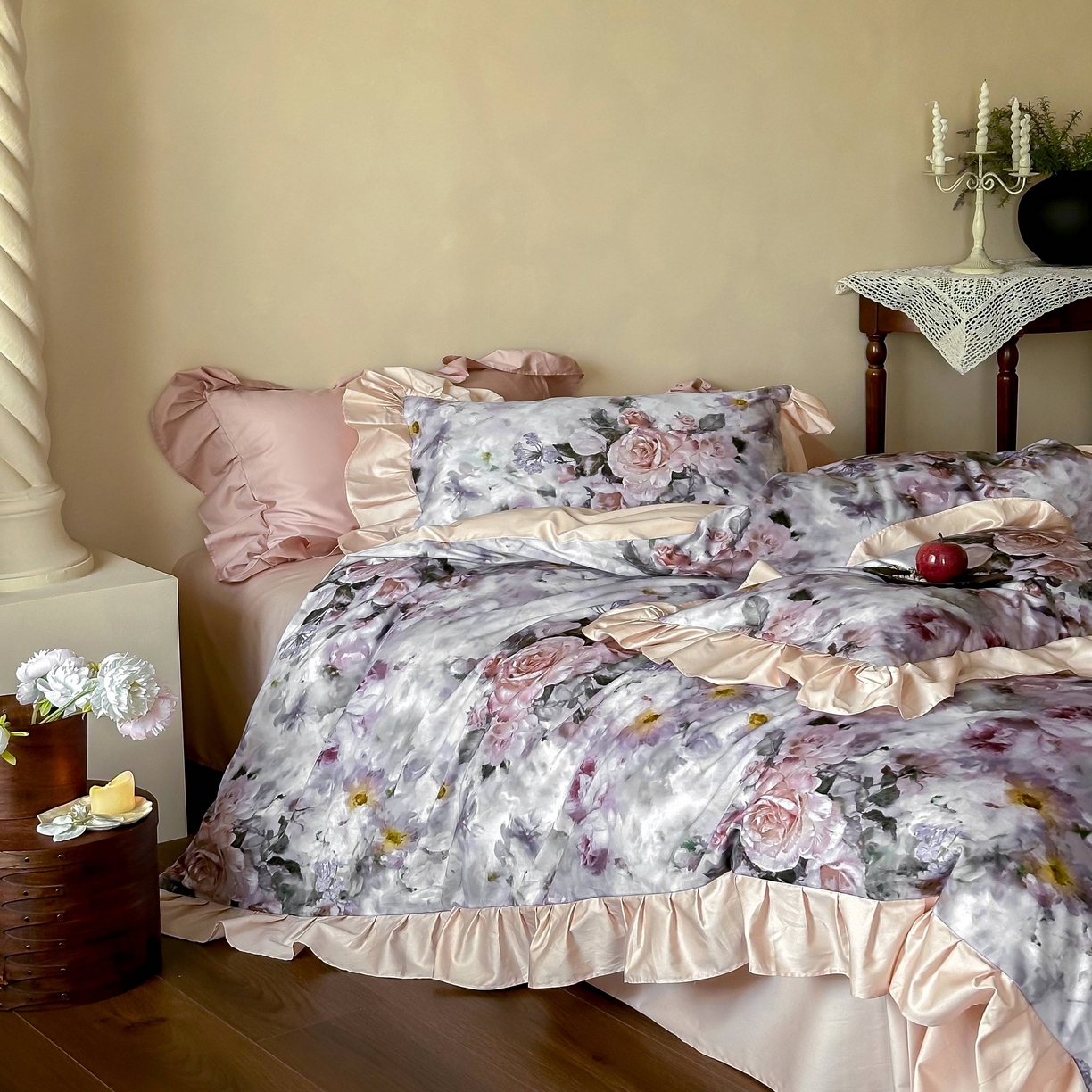 91家纺网 家纺一手货源 找家纺 窝米 2025新款数码印花100支长绒棉纯棉工艺四件套-璐菲 璐菲-雪灰