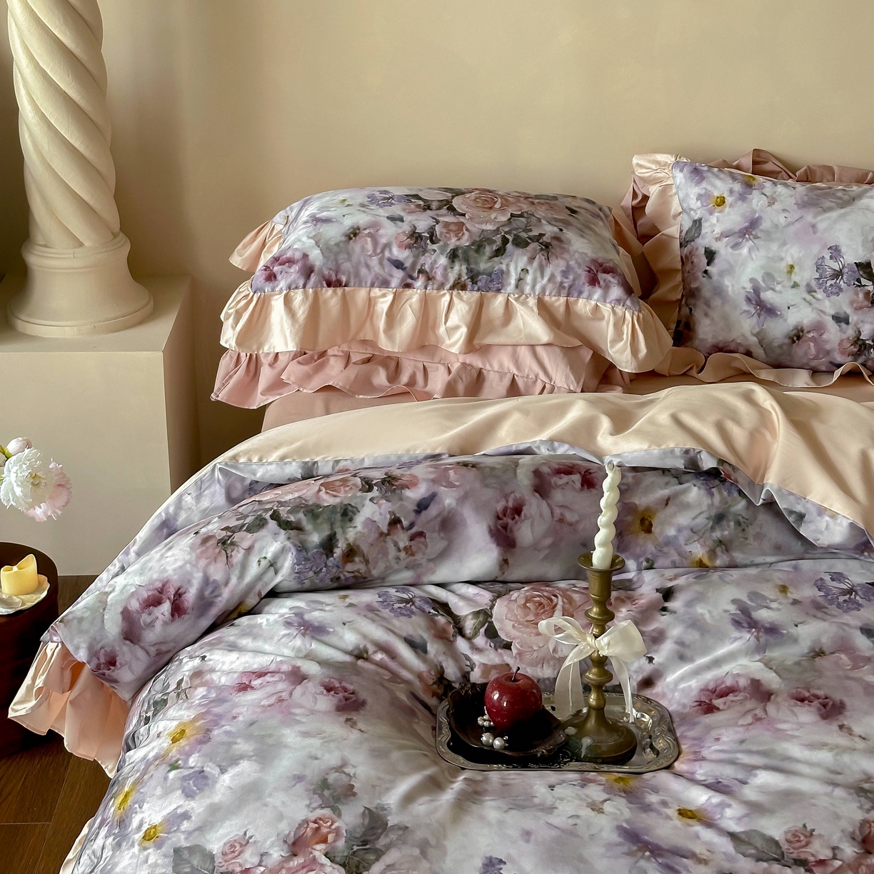 91家纺网 家纺一手货源 找家纺 窝米 2025新款数码印花100支长绒棉纯棉工艺四件套-璐菲 璐菲-雪灰