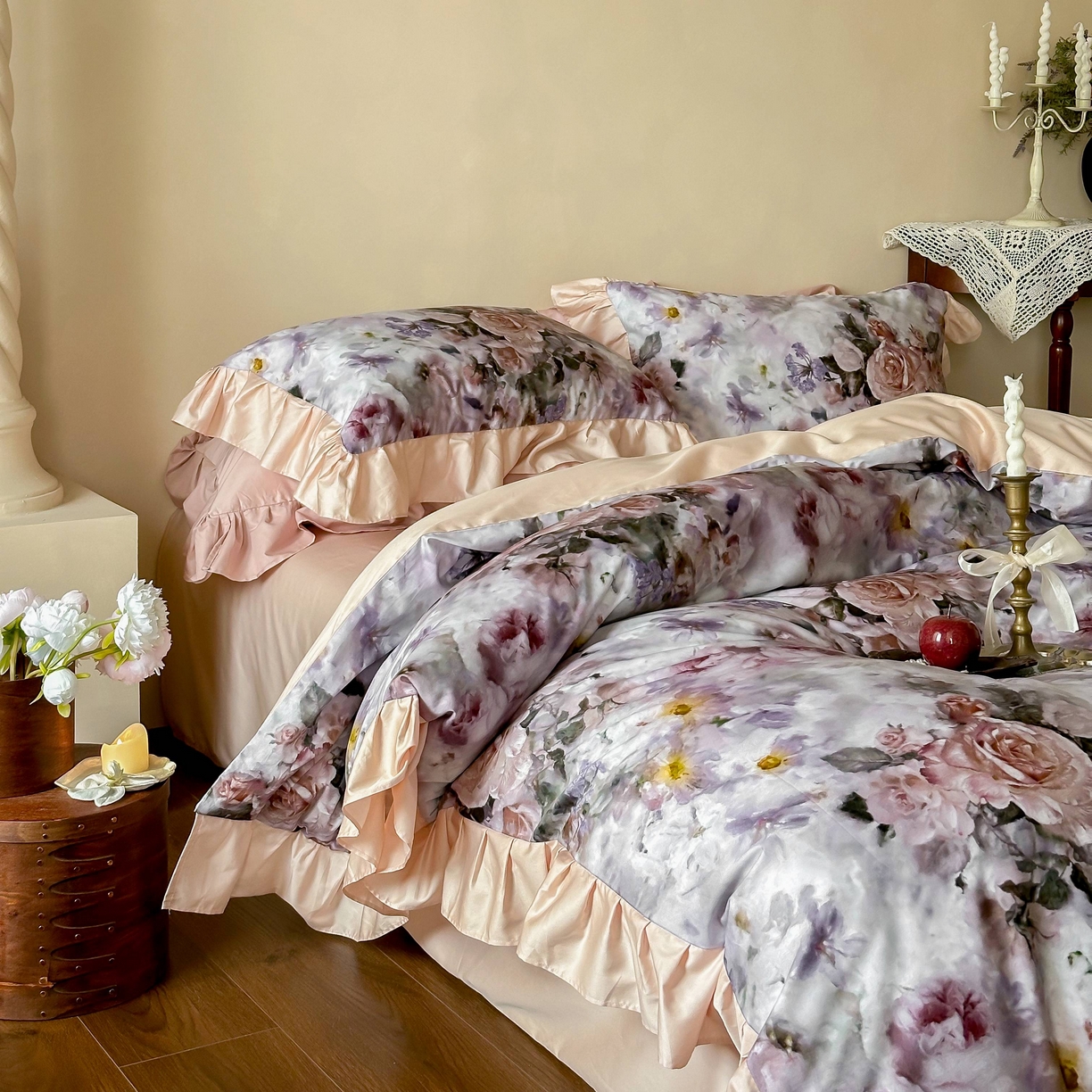 91家纺网 家纺一手货源 找家纺 窝米 2025新款数码印花100支长绒棉纯棉工艺四件套-璐菲 璐菲-雪灰