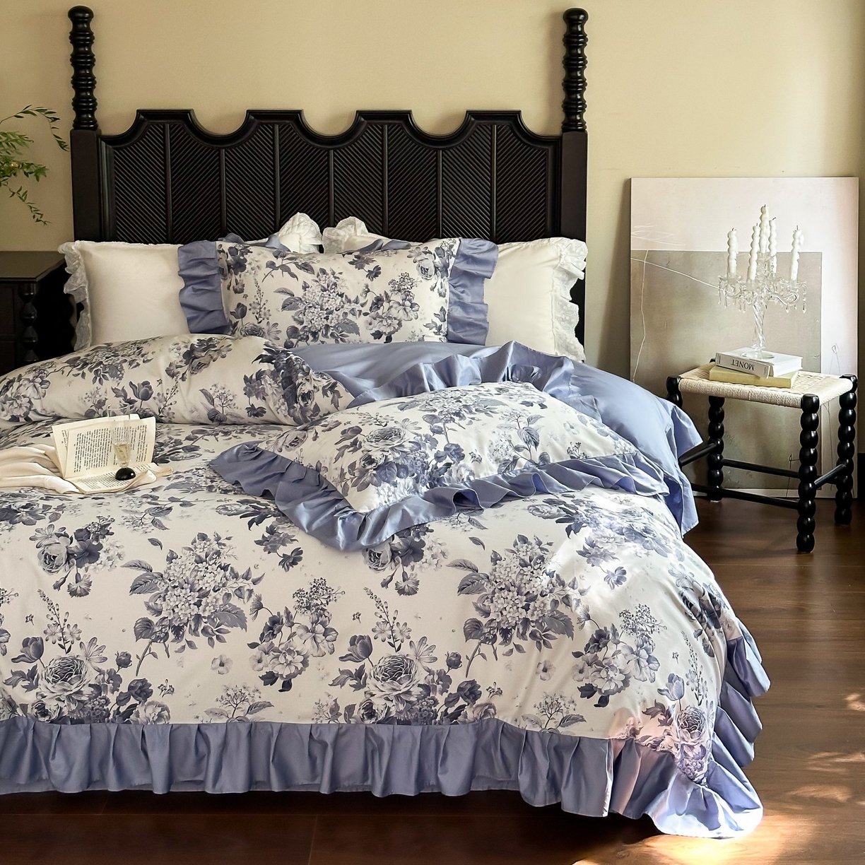 91家纺网 家纺一手货源 找家纺 （总）窝米 2025新款全棉纯棉双层纱大版印花花卉四件套-第一组