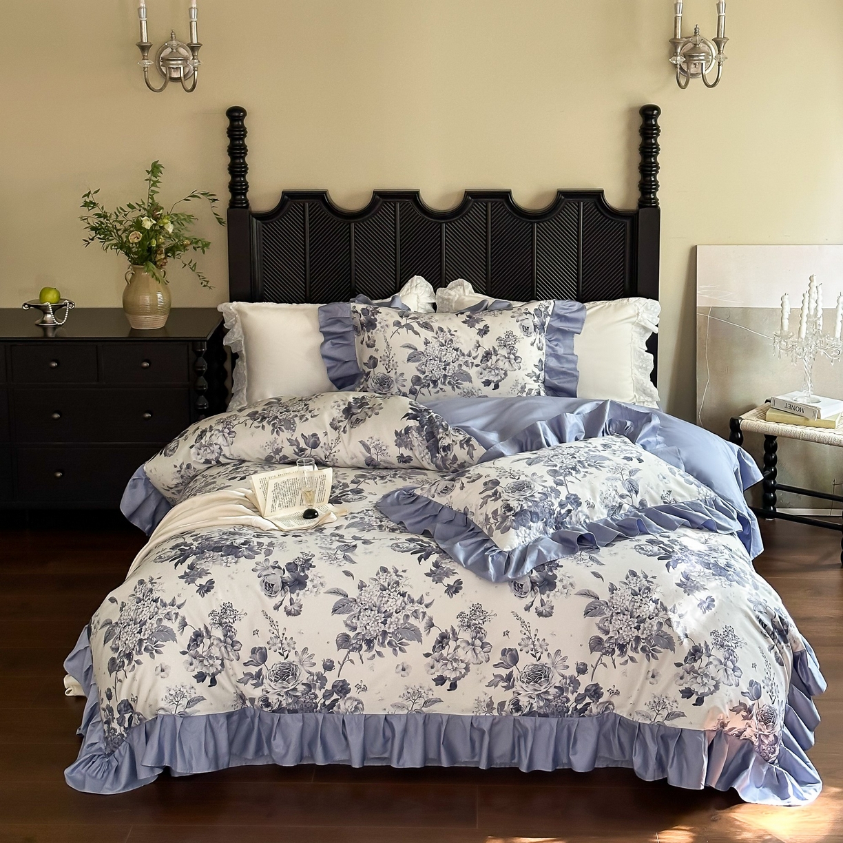 91家纺网 家纺一手货源 找家纺 （总）窝米 2025新款数码印花100支长绒棉纯棉工艺花边款四件套-晚意