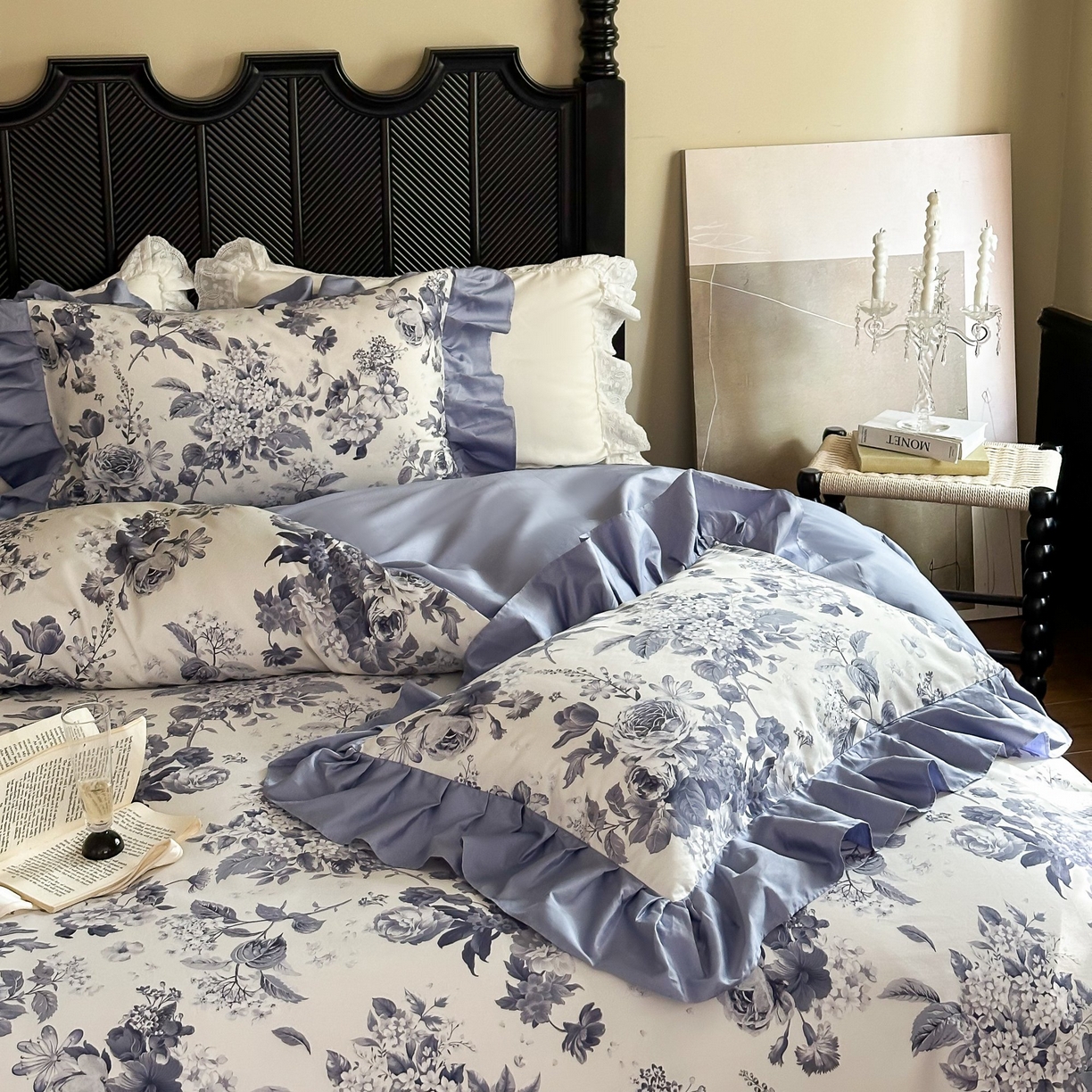 91家纺网 家纺一手货源 找家纺 （总）窝米 2025新款数码印花100支长绒棉纯棉工艺花边款四件套-晚意