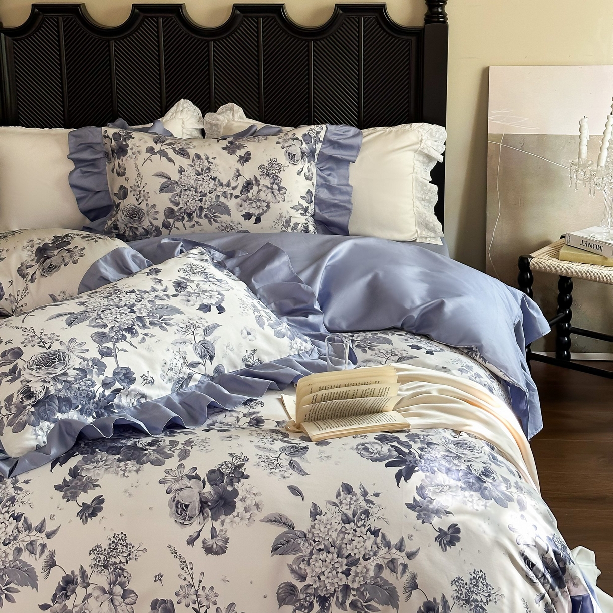 91家纺网 家纺一手货源 找家纺 （总）窝米 2025新款数码印花100支长绒棉纯棉工艺花边款四件套-晚意