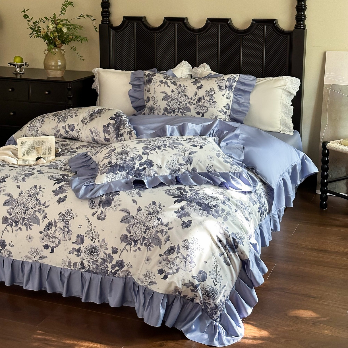 91家纺网 家纺一手货源 找家纺 （总）窝米 2025新款数码印花100支长绒棉纯棉工艺花边款四件套-晚意