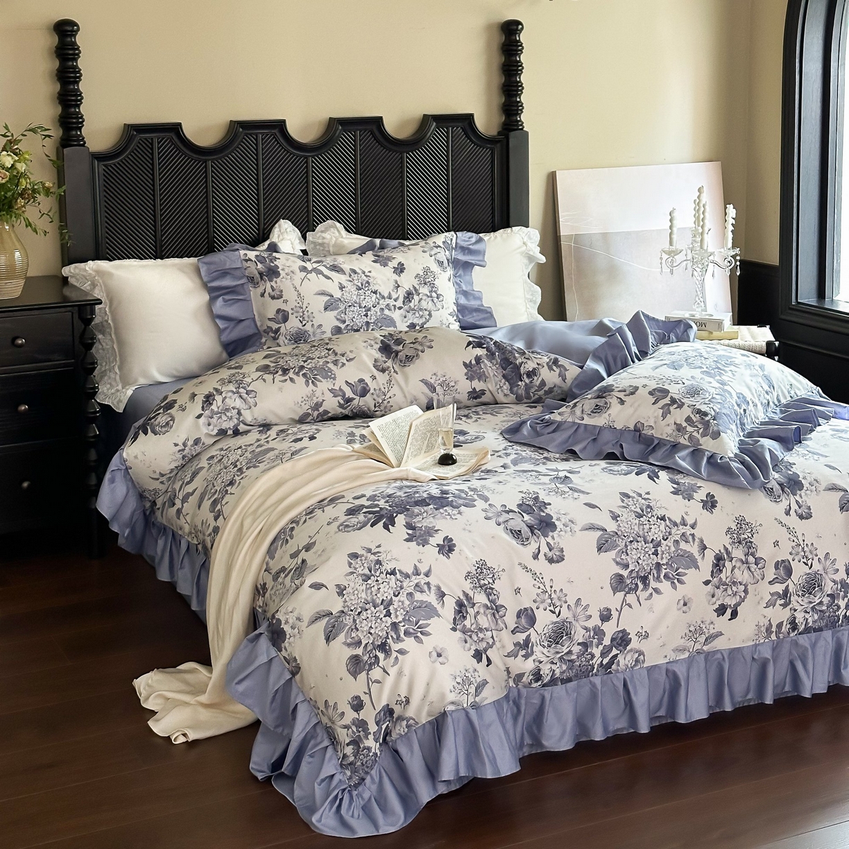 91家纺网 家纺一手货源 找家纺 （总）窝米 2025新款数码印花100支长绒棉纯棉工艺花边款四件套-晚意