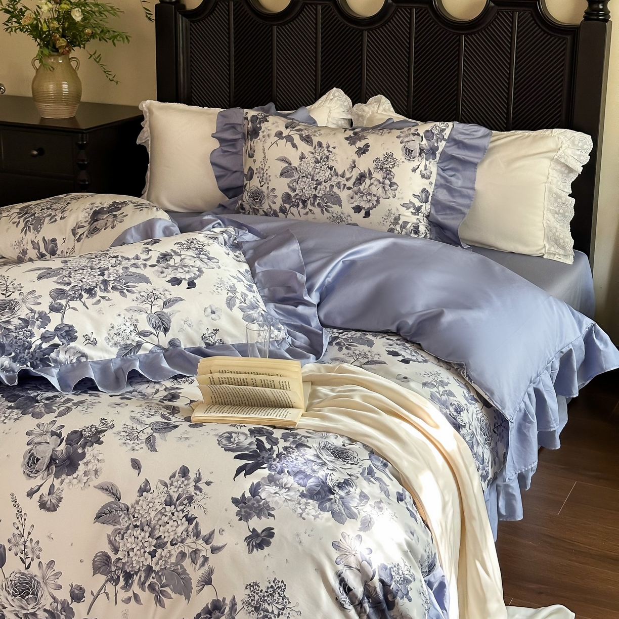 91家纺网 家纺一手货源 找家纺 （总）窝米 2025新款数码印花100支长绒棉纯棉工艺花边款四件套-晚意