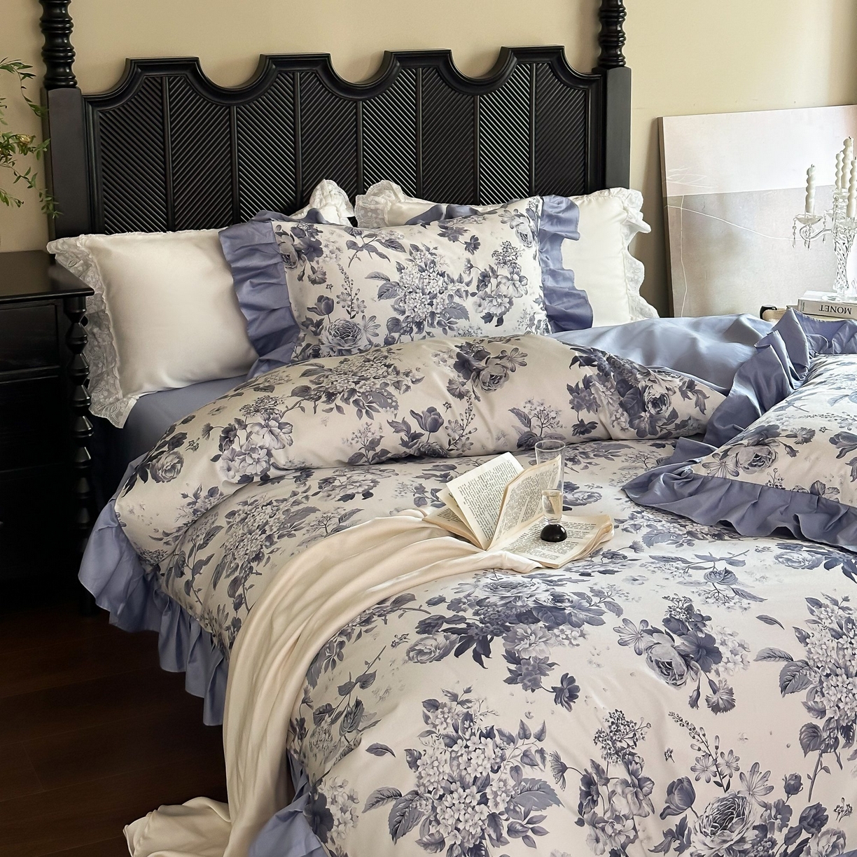 91家纺网 家纺一手货源 找家纺 （总）窝米 2025新款数码印花100支长绒棉纯棉工艺花边款四件套-晚意