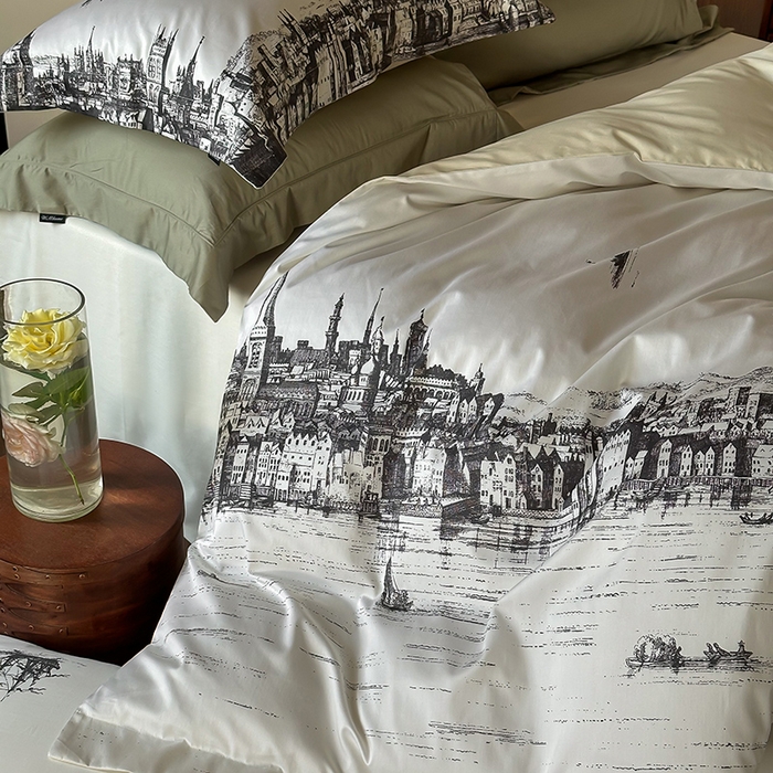 91家纺网 家纺一手货源 找家纺 （总）窝米 2025新款数码印花100支长绒棉纯棉工艺花边款四件套-塞纳河畔