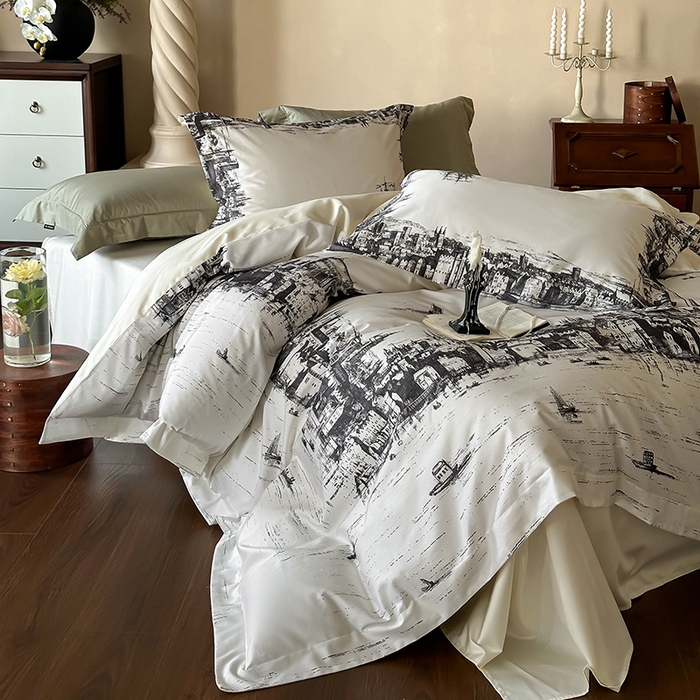 91家纺网 家纺一手货源 找家纺 （总）窝米 2025新款数码印花100支长绒棉纯棉工艺花边款四件套-塞纳河畔