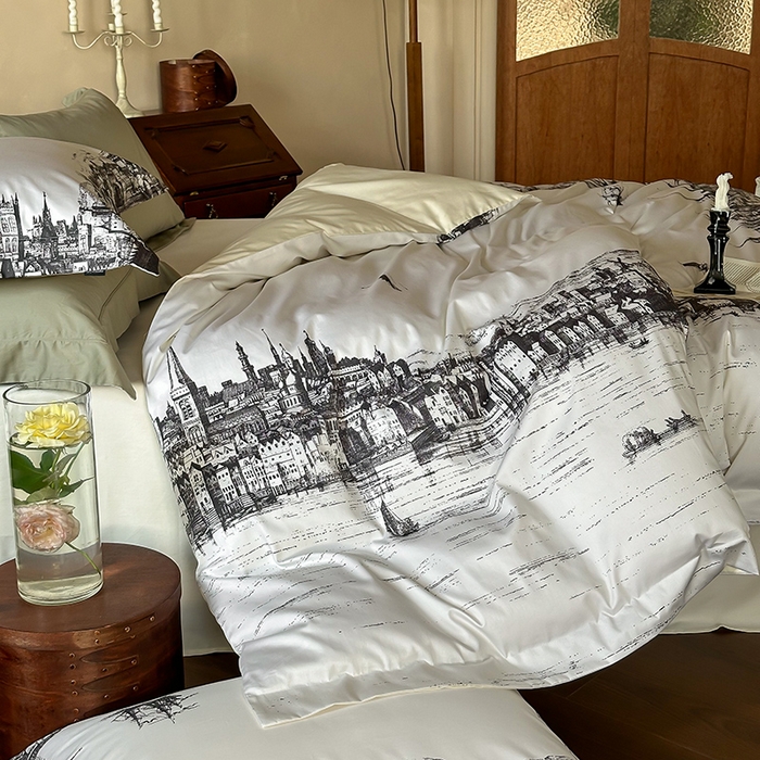 91家纺网 家纺一手货源 找家纺 （总）窝米 2025新款数码印花100支长绒棉纯棉工艺花边款四件套-塞纳河畔