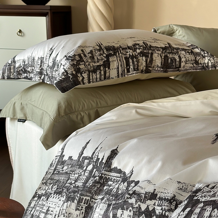 91家纺网 家纺一手货源 找家纺 （总）窝米 2025新款数码印花100支长绒棉纯棉工艺花边款四件套-塞纳河畔