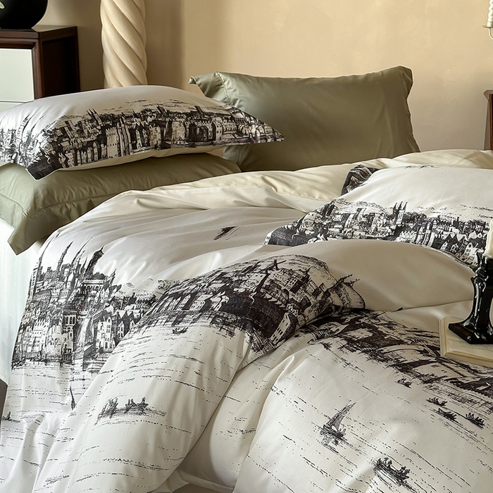 91家纺网 家纺一手货源 找家纺 （总）窝米 2025新款数码印花100支长绒棉纯棉工艺花边款四件套-塞纳河畔