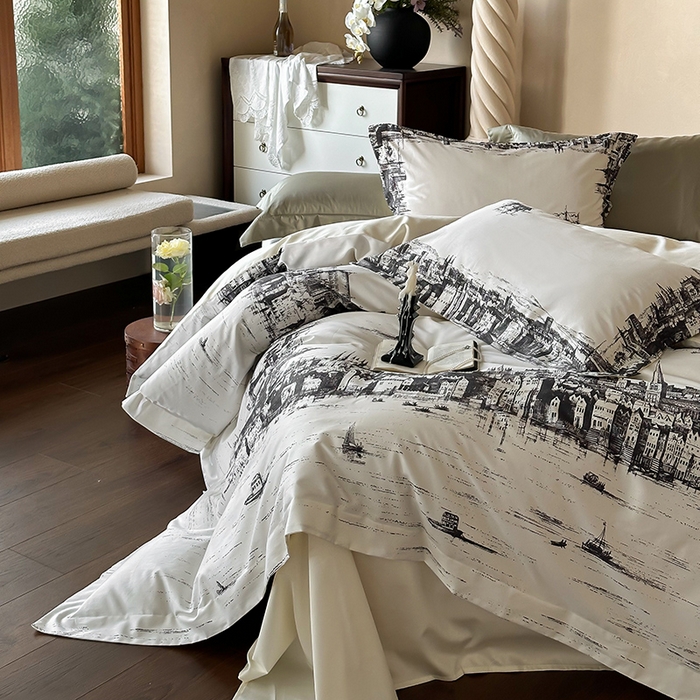 91家纺网 家纺一手货源 找家纺 （总）窝米 2025新款数码印花100支长绒棉纯棉工艺花边款四件套-塞纳河畔