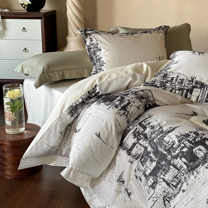 91家纺网 家纺一手货源 找家纺 （总）窝米 2025新款数码印花100支长绒棉纯棉工艺花边款四件套-塞纳河畔