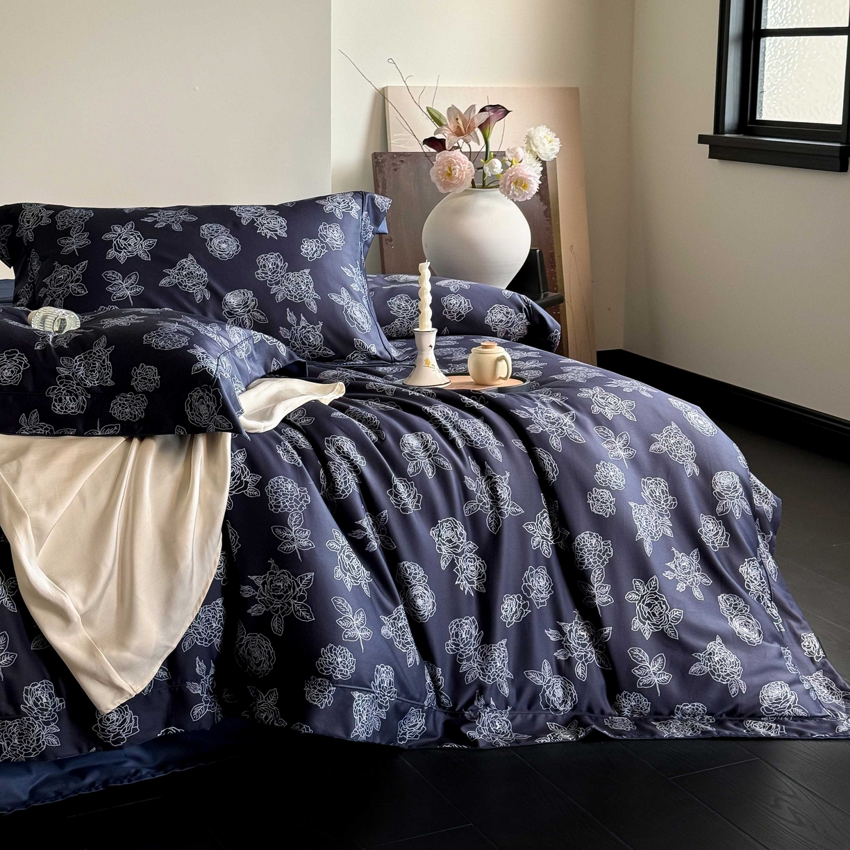 91家纺网 家纺一手货源 找家纺 （总）窝米 2025新款数码印花100支长绒棉纯棉工艺花边款四件套-青花瓷