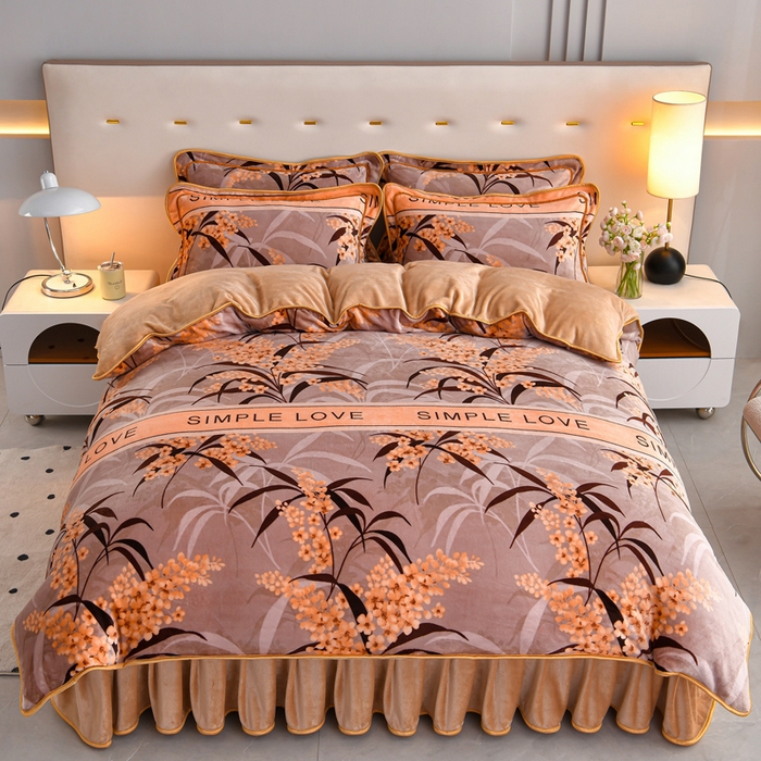 91家纺网 家纺一手货源 找家纺 缘莉娜家纺 2025高克重8斤牛奶绒四件套金貂绒法莱绒加厚保暖直播电商爆款 金叶满堂