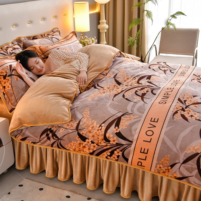 91家纺网 家纺一手货源 找家纺 缘莉娜家纺 2025高克重8斤牛奶绒四件套金貂绒法莱绒加厚保暖直播电商爆款 金叶满堂