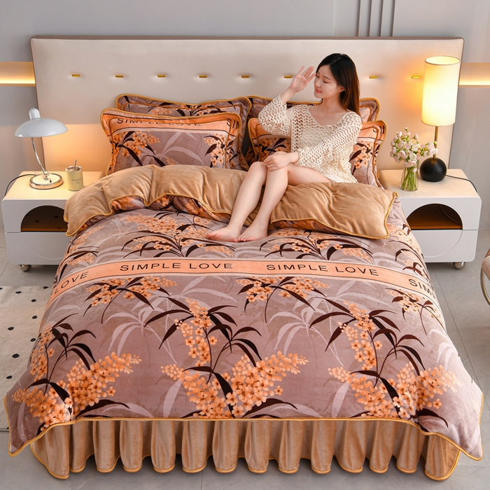 91家纺网 家纺一手货源 找家纺 缘莉娜家纺 2025高克重8斤牛奶绒四件套金貂绒法莱绒加厚保暖直播电商爆款 金叶满堂