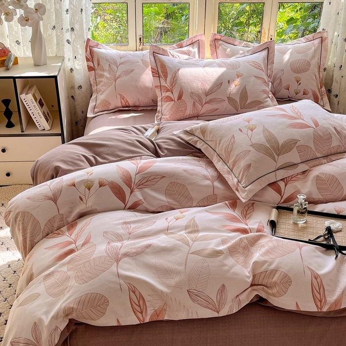 91家纺网 家纺一手货源 找家纺 简约家纺 2025新款全棉磨毛四件套相思叶-咖