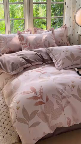 91家纺网 家纺一手货源 找家纺 简约家纺 2025新款全棉磨毛四件套相思叶-咖