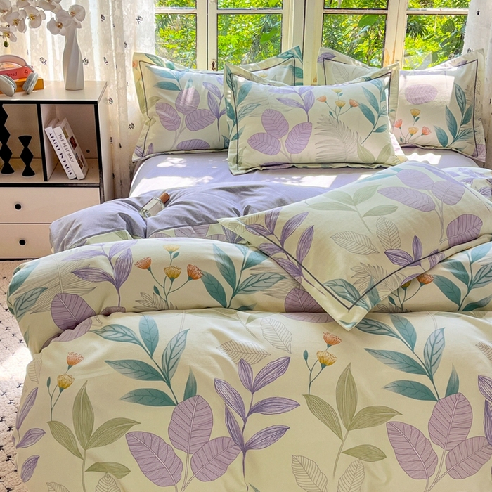 91家纺网 家纺一手货源 找家纺 简约家纺 2025新款全棉磨毛四件套相思叶-绿