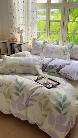 91家纺网 家纺一手货源 找家纺 简约家纺 2025新款全棉磨毛四件套相思叶-绿