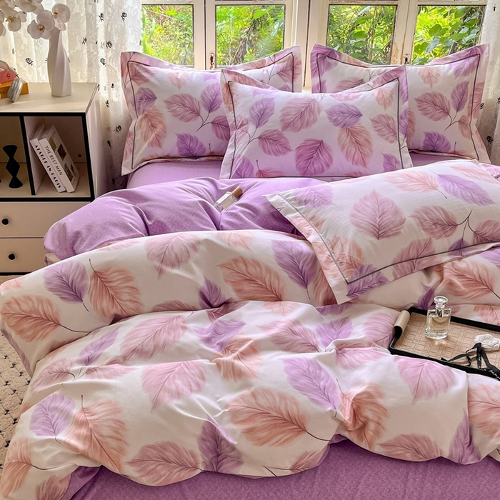 91家纺网 家纺一手货源 找家纺 简约家纺 2025新款全棉磨毛四件套叶初开-粉