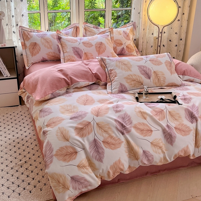 91家纺网 家纺一手货源 找家纺 简约家纺 2025新款全棉磨毛四件套叶初开-桔