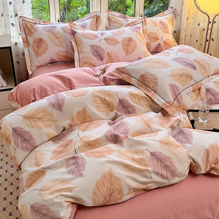 91家纺网 家纺一手货源 找家纺 简约家纺 2025新款全棉磨毛四件套叶初开-桔