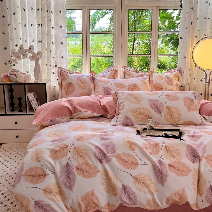 91家纺网 家纺一手货源 找家纺 简约家纺 2025新款全棉磨毛四件套叶初开-桔