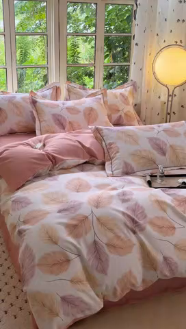 91家纺网 家纺一手货源 找家纺 简约家纺 2025新款全棉磨毛四件套叶初开-桔