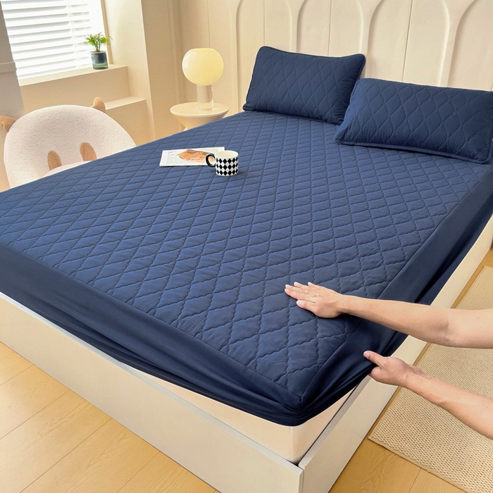 91家纺网 家纺一手货源 找家纺 蝶蔻家纺 2025新款亚马逊外贸跨境亲肤磨毛夹棉涤纶TPU防水床笠虾皮希音Temu爆款 藏青