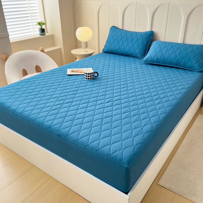 91家纺网 家纺一手货源 找家纺 蝶蔻家纺 2025新款亚马逊外贸跨境亲肤磨毛夹棉涤纶TPU防水床笠虾皮希音Temu爆款 蓝色