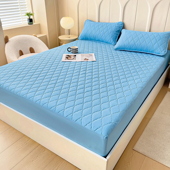 91家纺网 家纺一手货源 找家纺 蝶蔻家纺 2025新款亚马逊外贸跨境亲肤磨毛夹棉涤纶TPU防水床笠虾皮希音Temu爆款 浅蓝