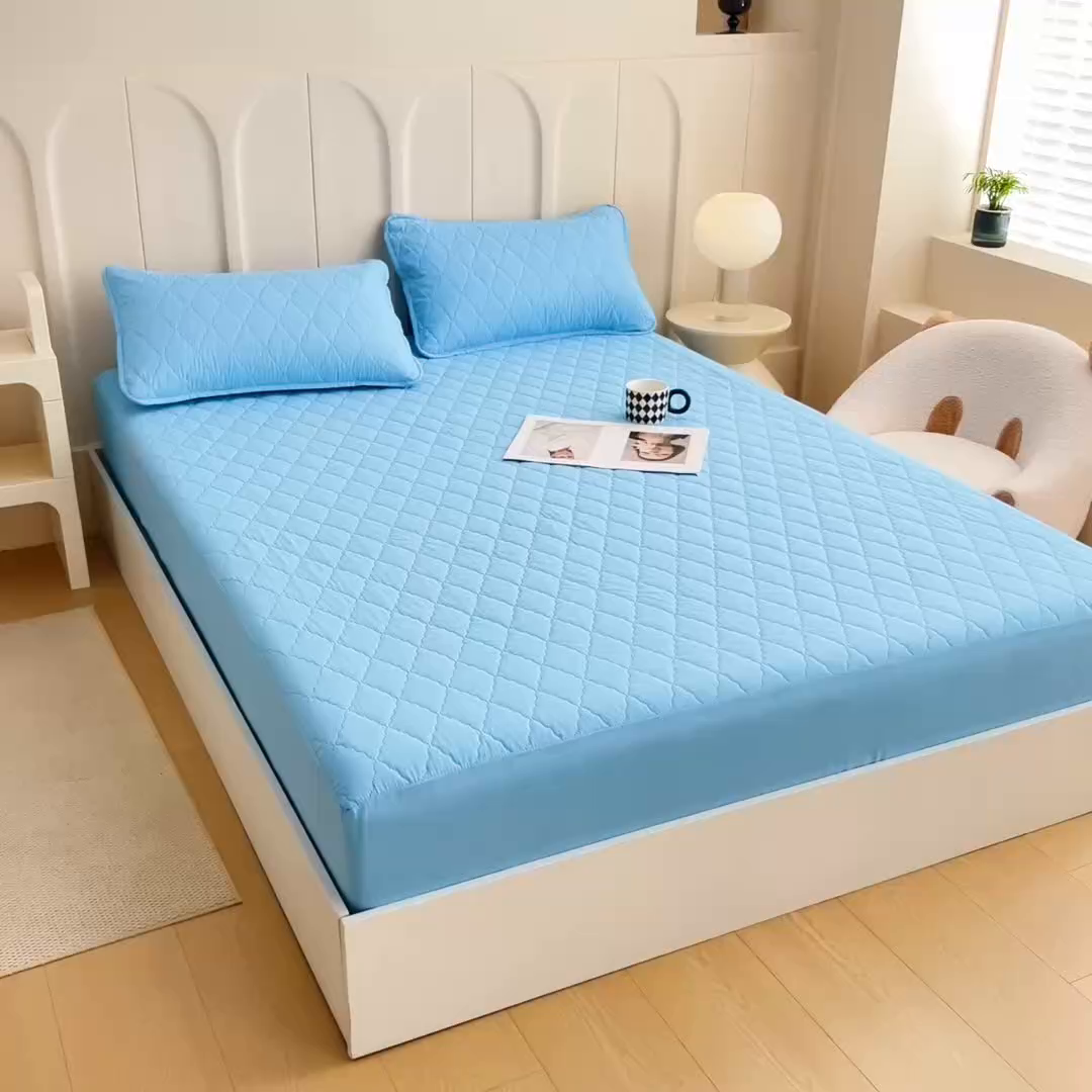 91家纺网 家纺一手货源 找家纺 蝶蔻家纺 2025新款亚马逊外贸跨境亲肤磨毛夹棉涤纶TPU防水床笠虾皮希音Temu爆款 浅蓝